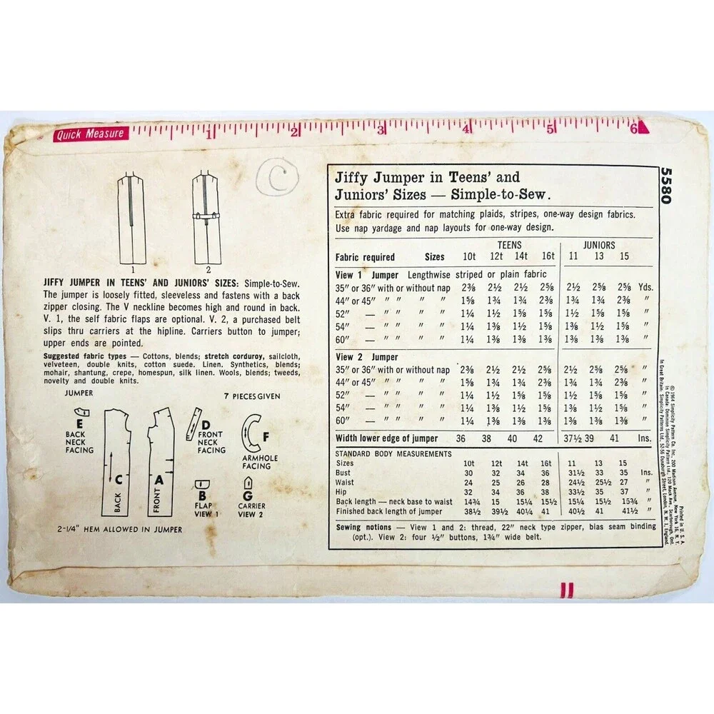 Vintage 1964 Simplicity Sewing Pattern Juniors' Jiffy Jumper Size 13 #5580